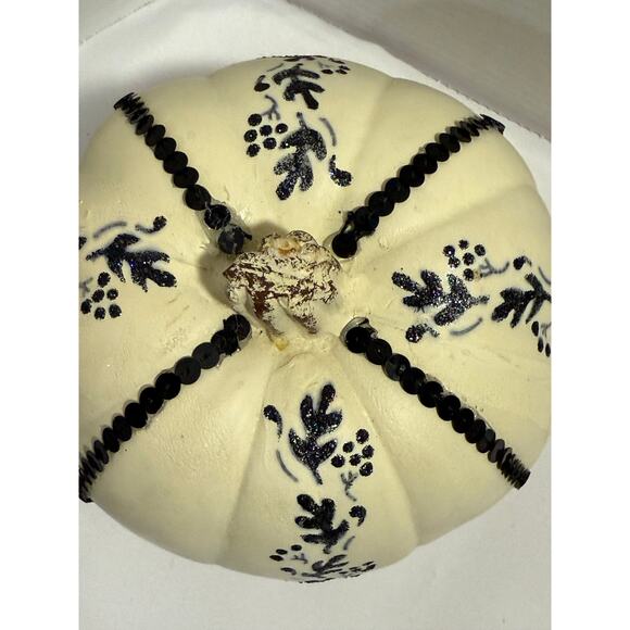 Styrofoam Decorated Pumpkin Neutral Fall Decor w/ Navy Leaf Design - Picture 2 of 8